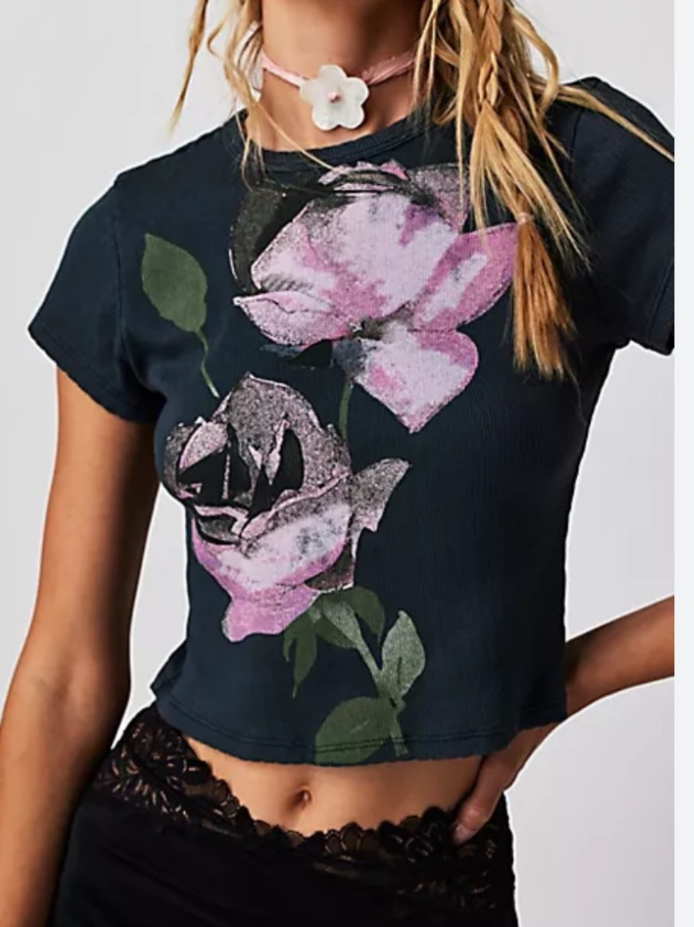 Daydreamer x free people Forest Green Rose Graphic Tee